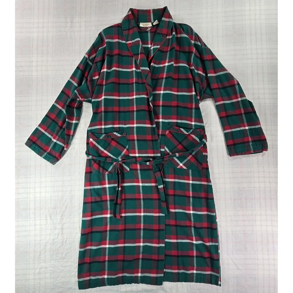 Victorias Secret Vintage Gold Label Robe 100% Cotton Red Green Plaid Womens M/L